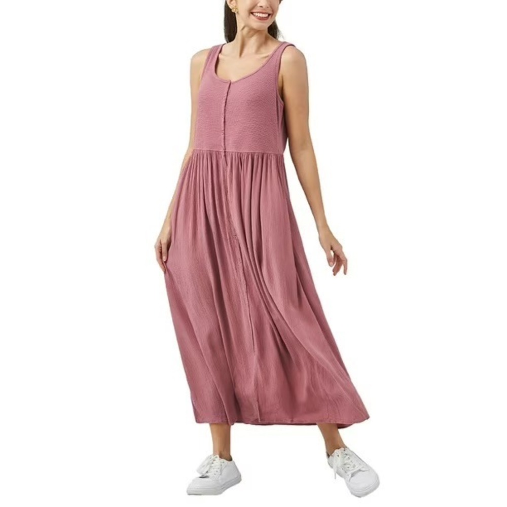 Frye Womens Button Front Maxi Dress Mauve Pink Sleeveless Gauze Pocket Small‎